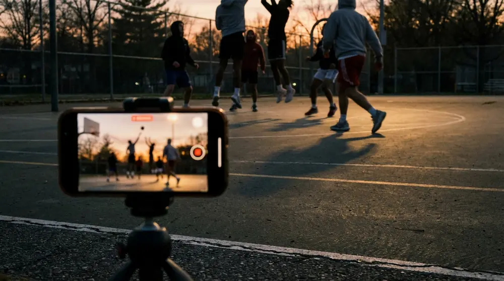 Phone on tripod recording a basketball game